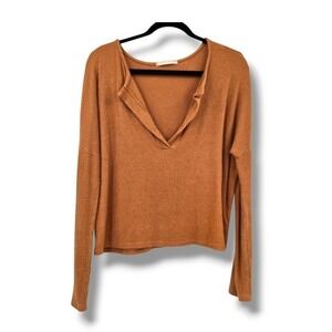 Urban Daizy Womens Top Long Sleeve Notch Neck Ribbed Knit‎ Copper Small